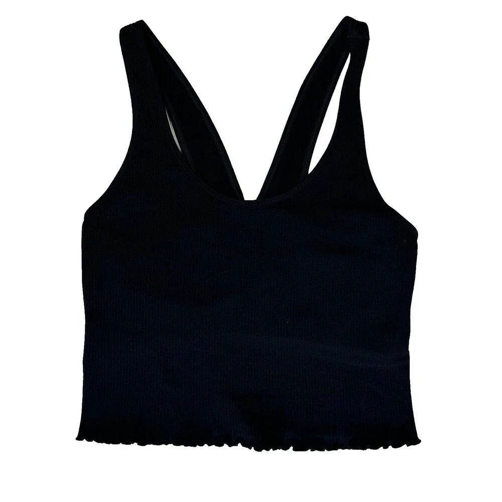 Spiritual Gangster M/L Amor Crop Rib Tank Top Black Ruffled Lettuce Edge Bra